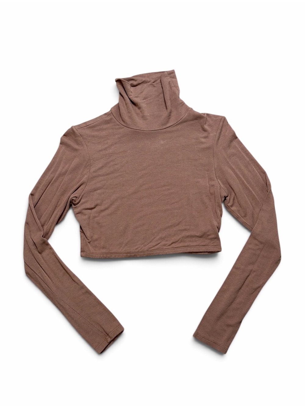 Naked Wardrobe Brown Cropped Turtleneck Top Large Long Sleeve Stretch Knit